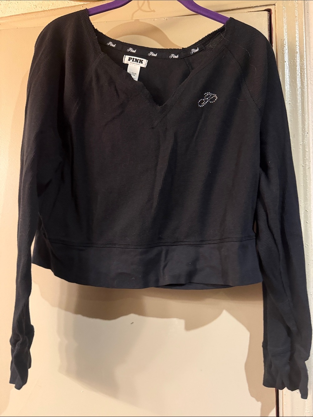PINK Victoria's Secret Black Waffle Knit Long-Sleeve Pullover with Crystal 'P'